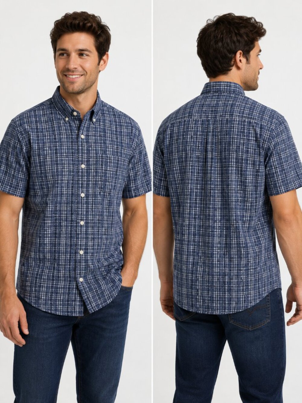 Arnold Palmer Men's Short Sleeve Button-Up Shirt Blue Plaid Size Medium Casual